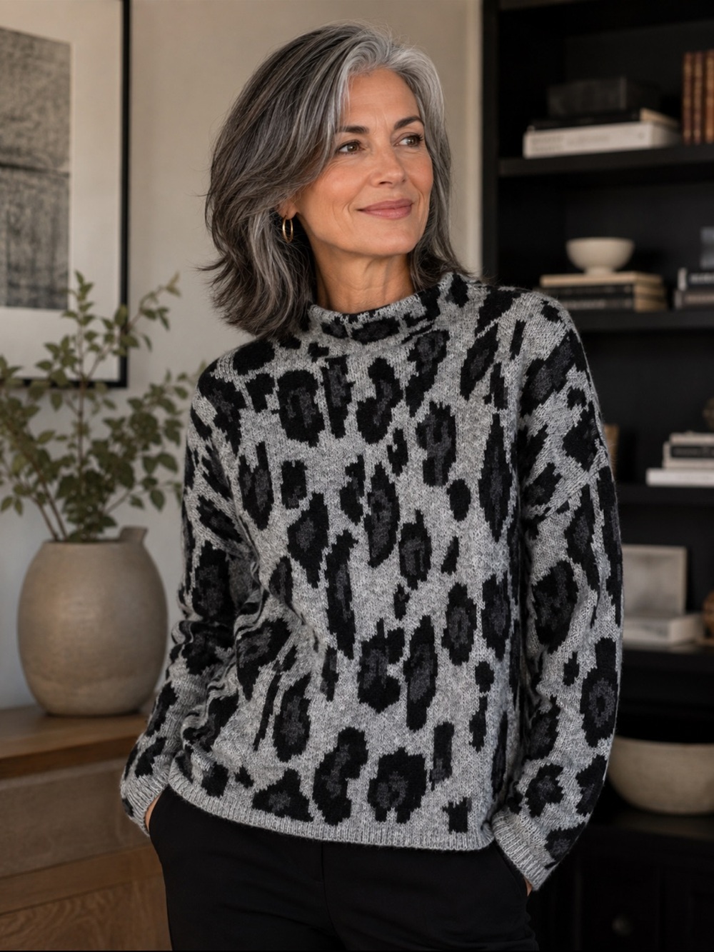 Leopard Print Turtleneck  acryliccSweater - Gray and Black. M